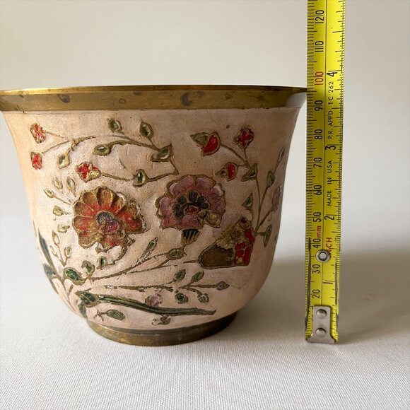 Vintage Solid Brass Floral Planter Hand Painted Flower Pot Rustic Boho Decor - Picture 2 of 7